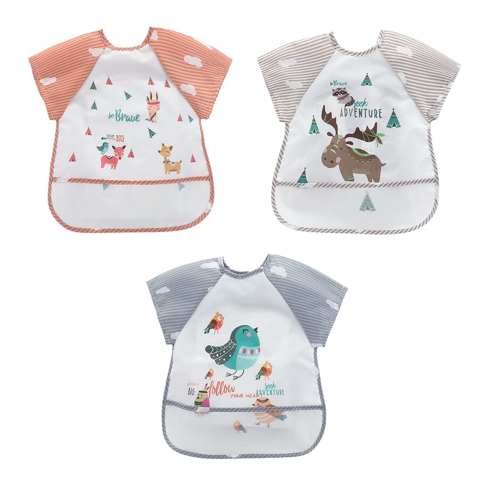 Uposao 3pcs Baby Bibs Unisex Toddler Waterproof Feeding Bibs Baby Sleeveless Apron Leak-proof Child Painting Apron Cartoon Smock Bibs for 2-3 Years Old