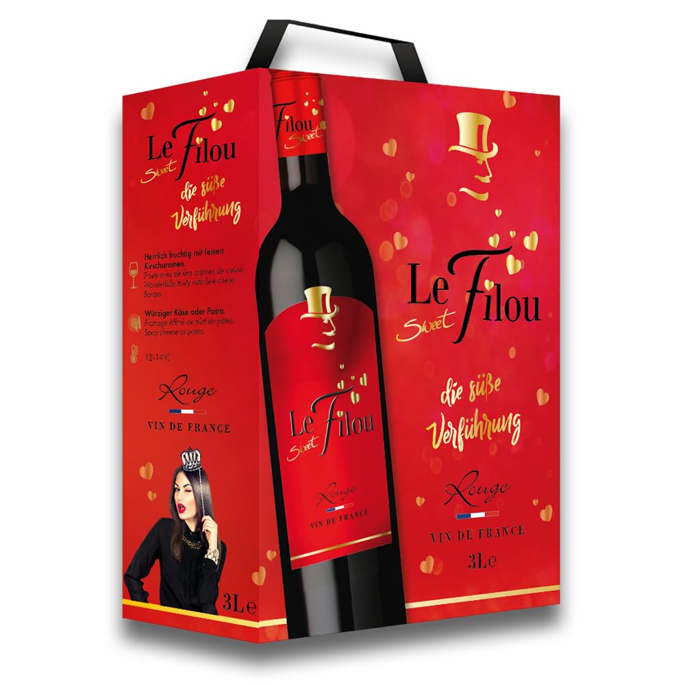 Le Sweet Filou Rouge, lieblich, Bag-in-Box, sortenreines Weinpaket + VINOX Winecards (4x3,0l)