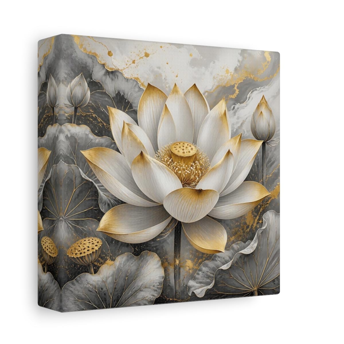 Toile canvas fleur de lotus doree et grise haut de gamme - 8
