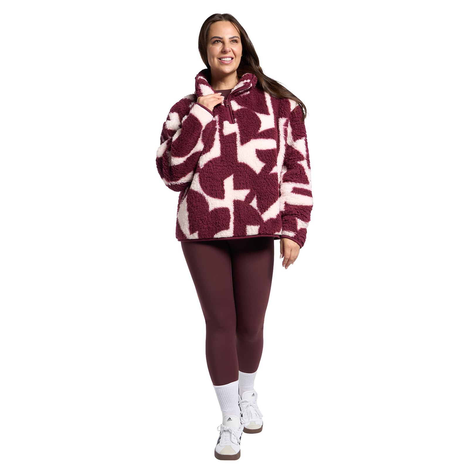 Ohs Women's Geo - Burgundy Teddy Fleece Jacket Half Zip Fleece Geometric Print Top Sweatshirt Pullover Ultra Soft Cosy Jackets Casual Long Sleeve Sweater For Travel Hiking, Burgundy/White - S/M