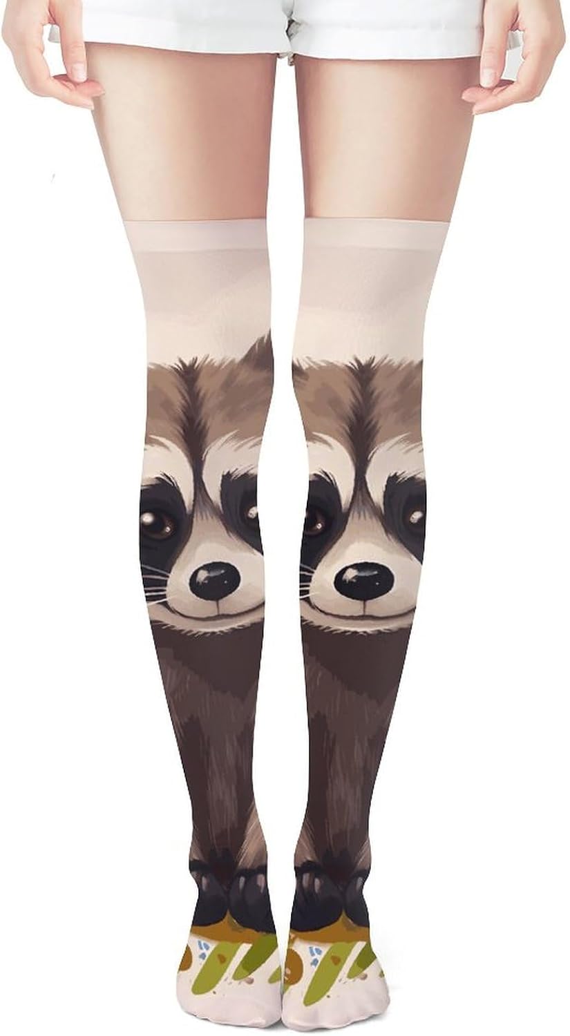 Raccoon Knee High Stockings for Women 23.6" Breathable Thigh High Stockings Over The Knee Socks