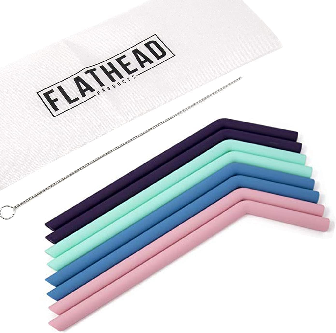Flathead Reusable Silicone Straws - Flexible, Easy to Clean Drinking Straws - Eco-Friendly, Durable Silicon Rubber Straws, Cleaning Brush & Straw Bag Included - Great Stocking Fillers Idea - Set of 8