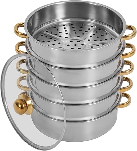 Miniatura 6 de Olla de vapor de acero inoxidable, vaporera de 10.3 pulgadas para cocinar, ollas de vapor de alimentos de 5 niveles con tapa para cocinar verduras,