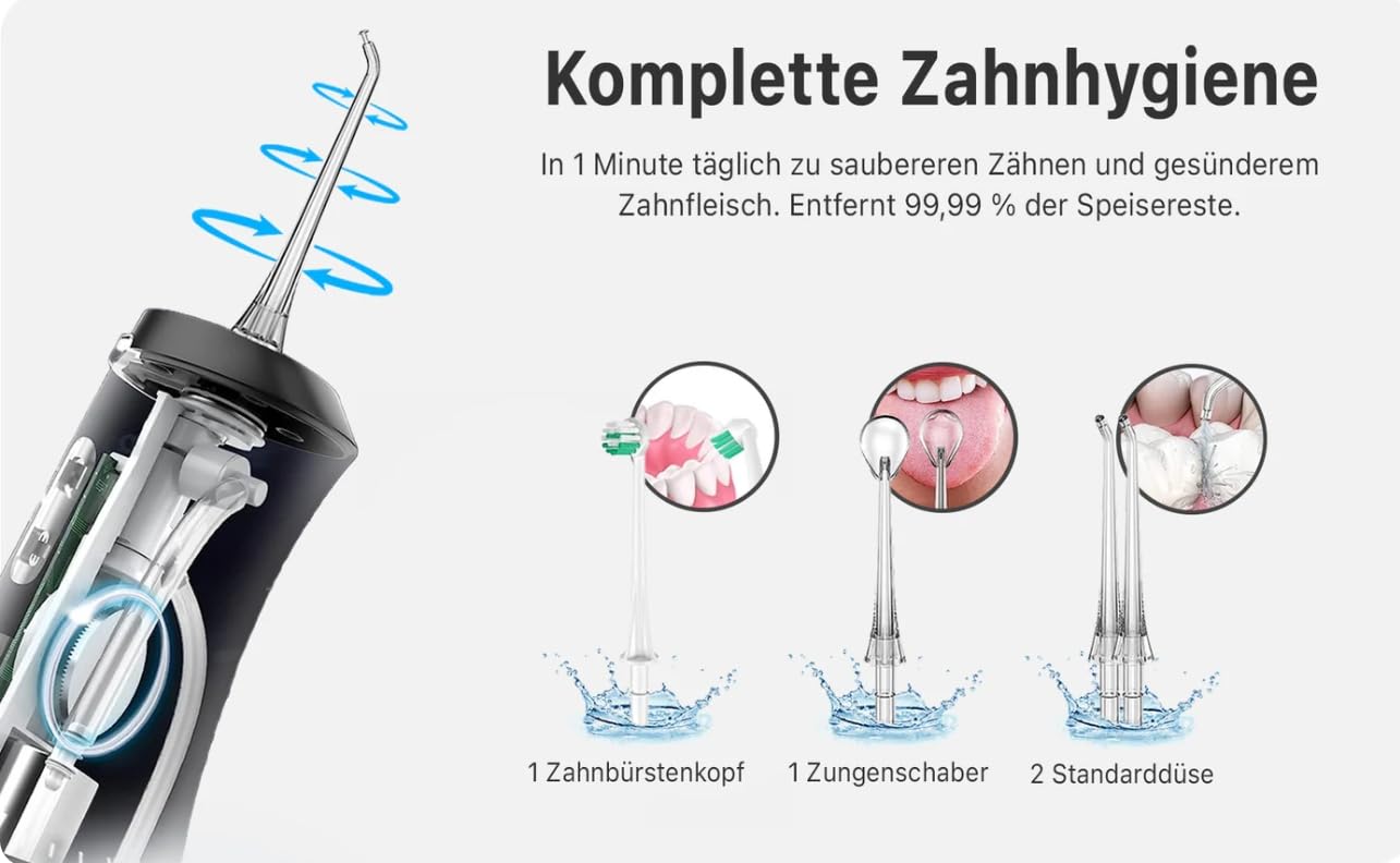Oryzorm Proflow 2.0 Kabellose Munddusche Tiefenreinigung Für Optimale Mundhygiene, Ausgestattet Mit 4 Multifunktionsdüsen. (Schwarz)