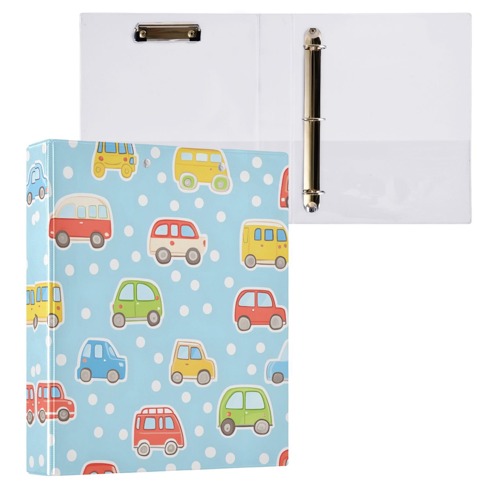 Confezione da 2 raccoglitori a 3 anelli, con motivo auto in stile cartone animato, 3,8 cm, con 3 tasche trasparenti, portablocco e contiene 200 fogli, per ufficio, scuola, organizzazione