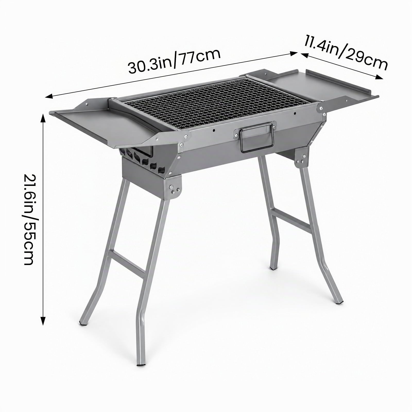 Klappgrill BBQ Set Tragbarer Holzkohlegrill mit 2 Seitenablagen, 28,5 x 77 x 55 cm Faltbar Grill Schwerlast Zinc-Legierung Outdoor Grill für Camping, Garten & Picknick