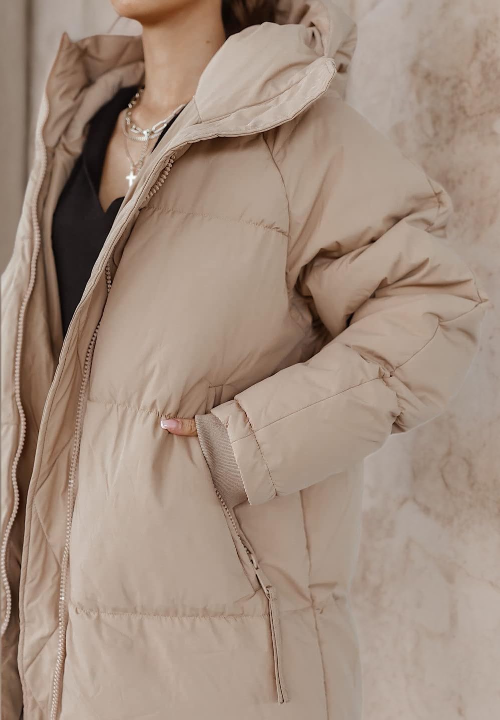 Shanfetl Women Long Quilted Coat Hooded Maxi Length Long Sleeve Puffer Jacket Padded Coat Winter Outerwear - Image 5