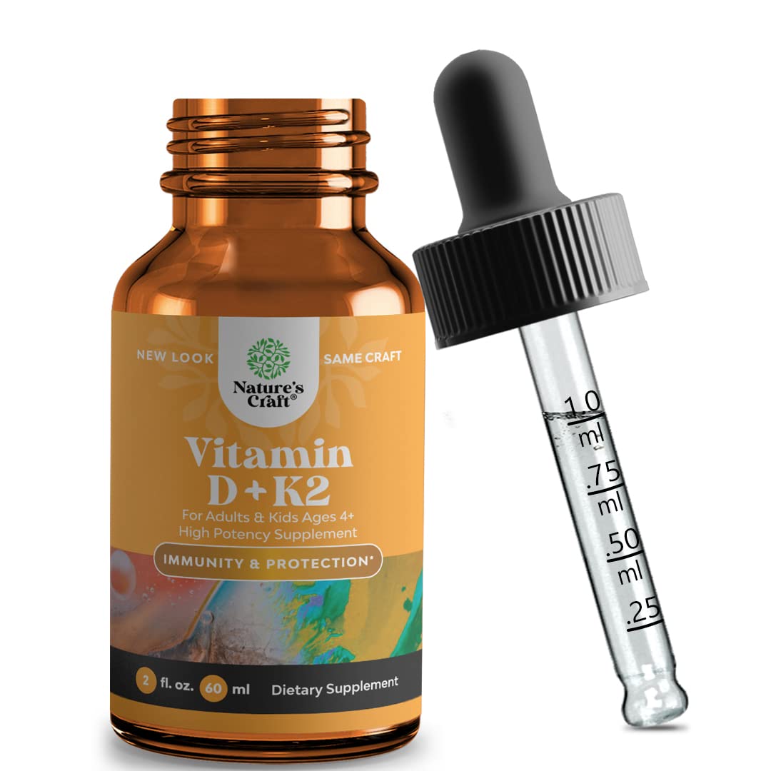 Vitamin D Drops with K-2 Vitamin - Liquid Vitamin D 5000 IU and MK7 K2 Vitamin Supplement for Immune Support and Joint Hea...