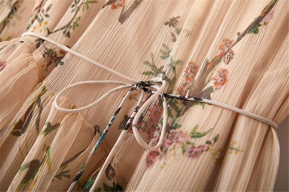 [Youllyuu] 100% 桑シルクサマードレス女性非対称花柄プリントハーフスリーブレースアップミディドレス