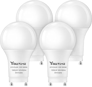 Youtime GU24 LED Light Bulb Dimmable 5000K Daylight 12W(75W Equivalent),1200 Lumens,CFL Replacement, A19 Shape GU24 Base Two Prong Led Bulb for Living Room,4 Pack
