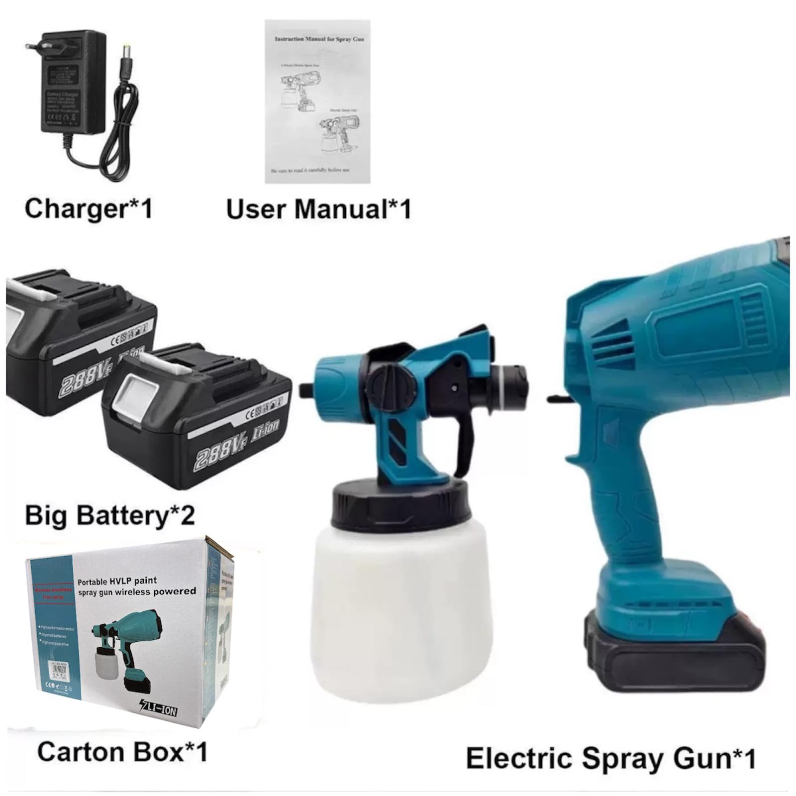 Pistola a Spruzzo Elettrica a Batteria 288VF con 2 Batterie 7.0Ah, HVLP Professionale, 3 Ugelli Regolabili, Serbatoio 800ml, Ricarica Rapida, per Verniciatura Legno Metallo Pareti