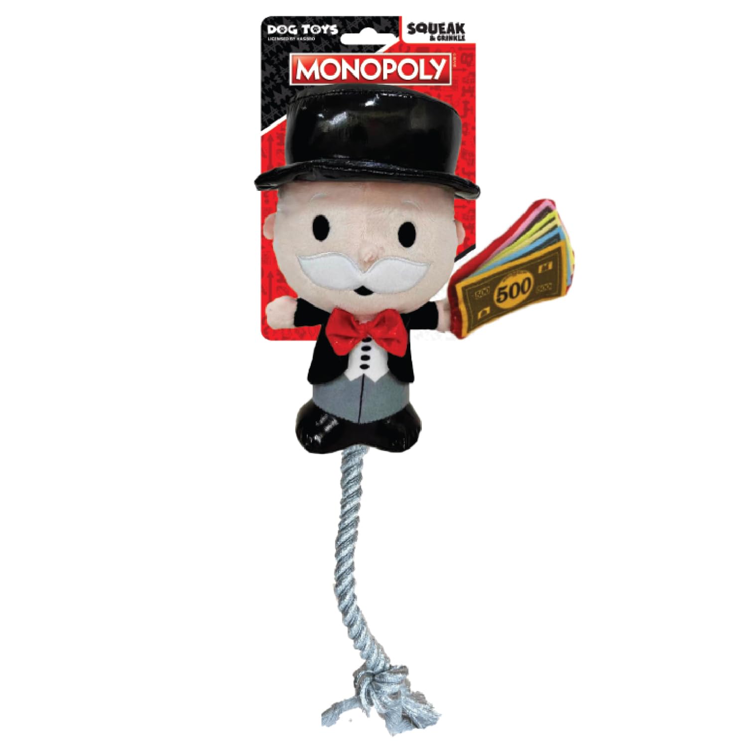 Hasbro Monopoly Mr. Moneybags Rope Tug Plush Dog Toy, 8-Inch Squeaker Toy for Dogs