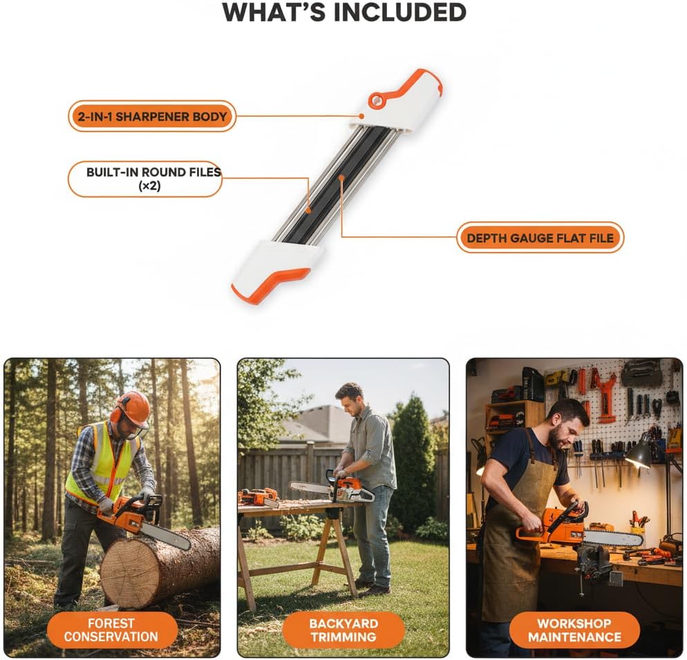 2 in1 Chainsaw Sharpener with Precise Depth Gauge Control - Prevents Over-Filing, Easy File Chain Sharpening Tool, 3 Size Options (4.0/4.8/5.5mm), Universal Fit, Orange & White（4.8mm）