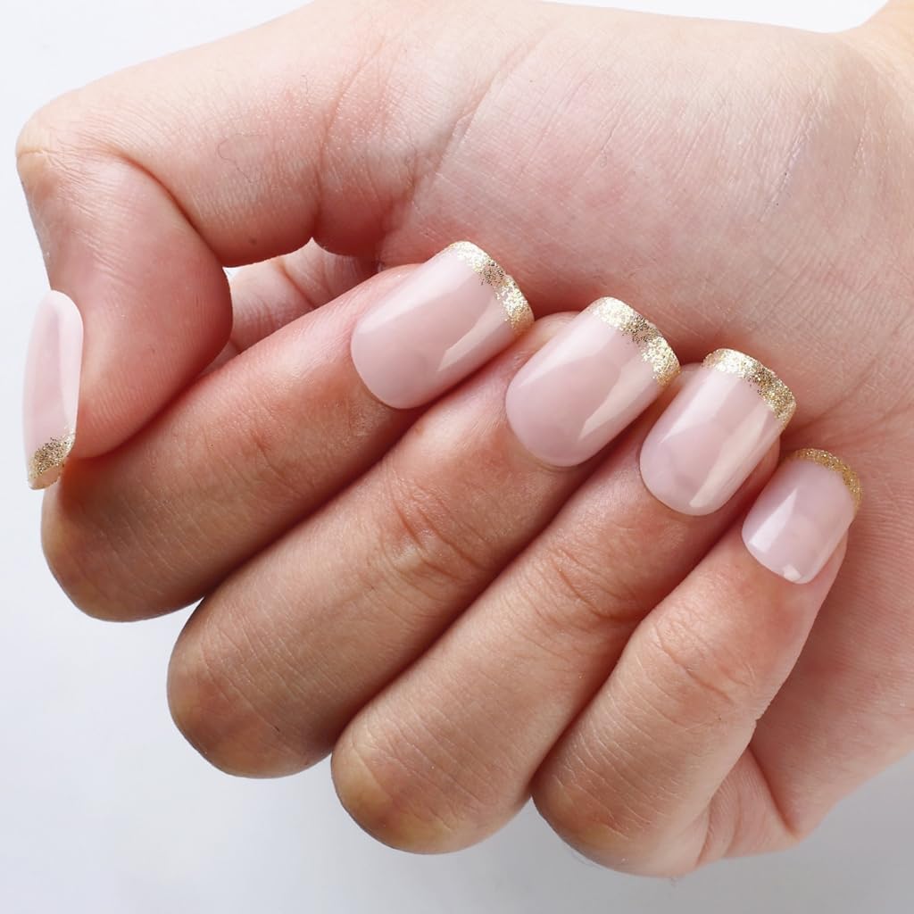 24 Pcs French Tip Short Square False Nails Acrylic Nails Glossy Full Covers Stick On Nails