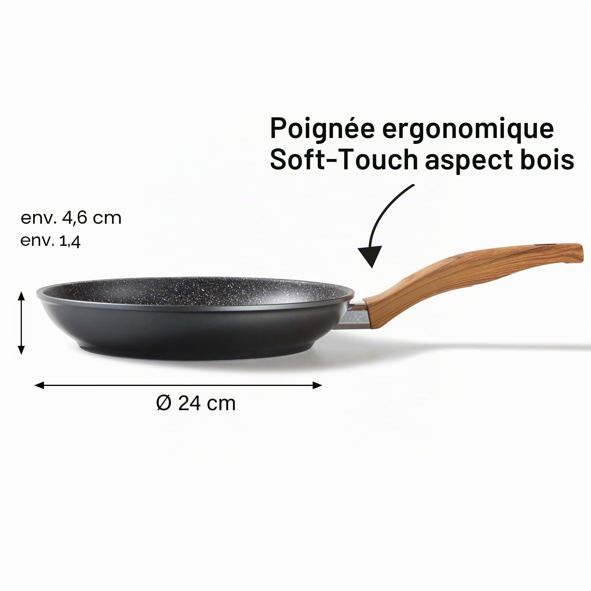STONELINE Back to Nature Poêle à Frire 24 cm, Made in Germany, Revêtement Antiadhésif avec de vraies particules de pierre, adaptée à l'Induction, Poignée motif Bois