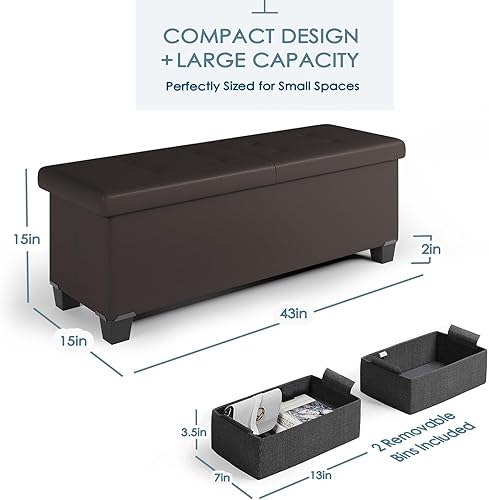 Miniatura 3 de Banco otomano de almacenamiento con contenedores de almacenamiento, banco de almacenamiento de 43 pulgadas para el extremo de la cama, reposapiés