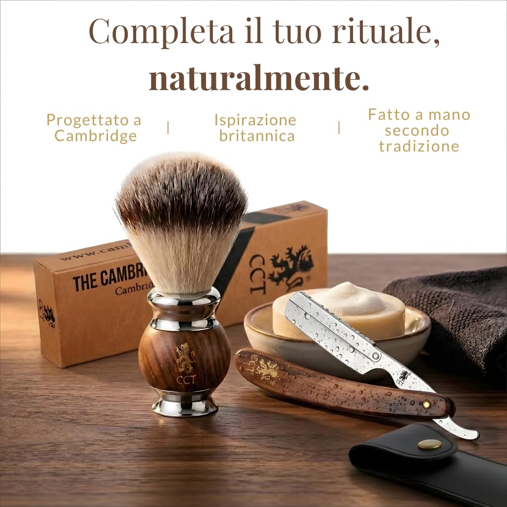 Pennello da Barba The Cambridge Cutthroat Vegana Setole Sintetiche di Tasso Regalo per Rasatura da Uomo Pennello Barba Premium in Legno e Acciaio Inossidabile