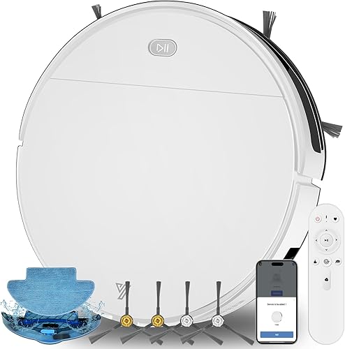 Robot aspirador y trapeador súper delgado, aplicación de potencia de succión silenciosa, control de altavoz IA de Tienda y Google, recarga