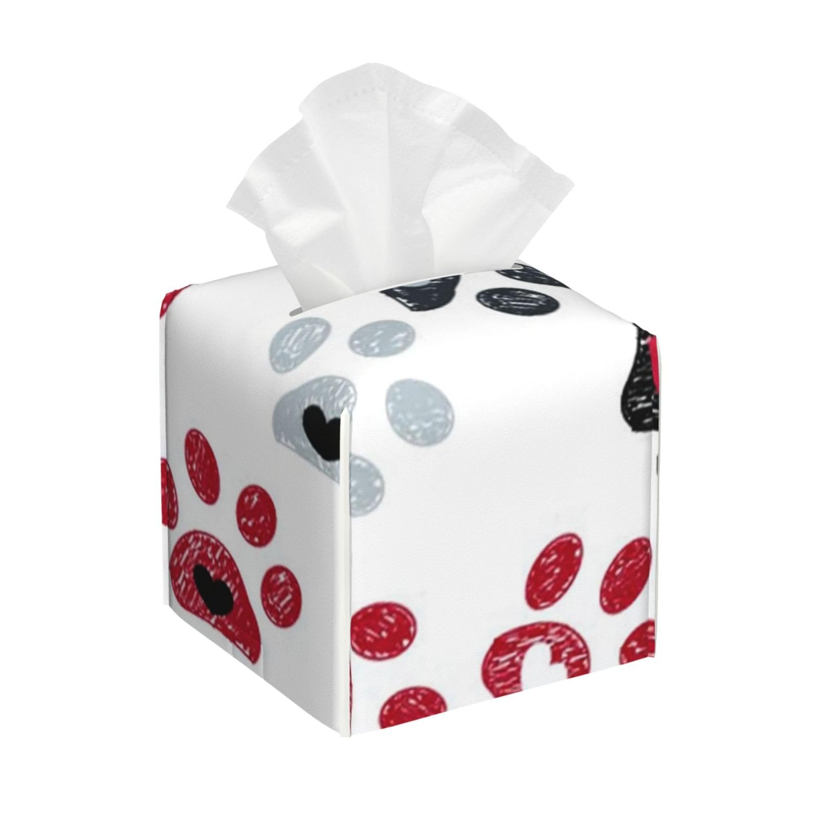 Black and Red Paw Print with Hearts Background PVC Cube Tissue Pack for Home Office Bathroom Use