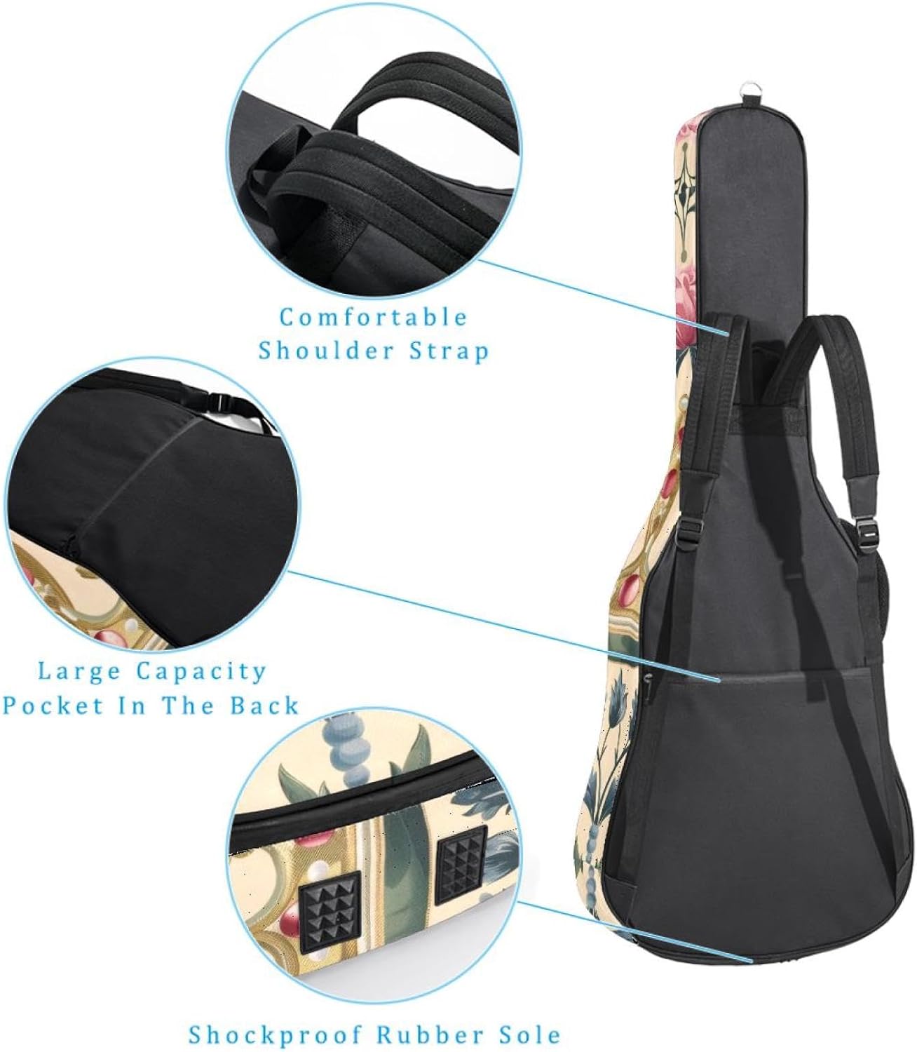 40 41 42 Inch Guitar Bags, Waterproof Padded Acoustic Guitar Case Backpack with Adjustable Shoulder Strap & Pockets, Princess Crown Pink Floral