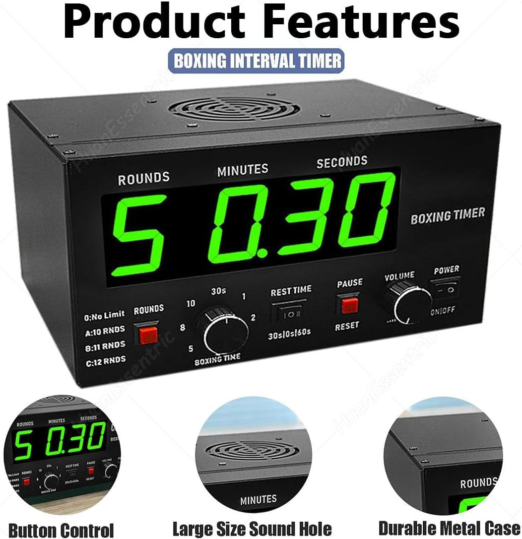 Interval Timer with LED Display, Adjustable Sound, Customizable Training Time and Repetitions for Boxing, MMA, and Kickboxing Workouts