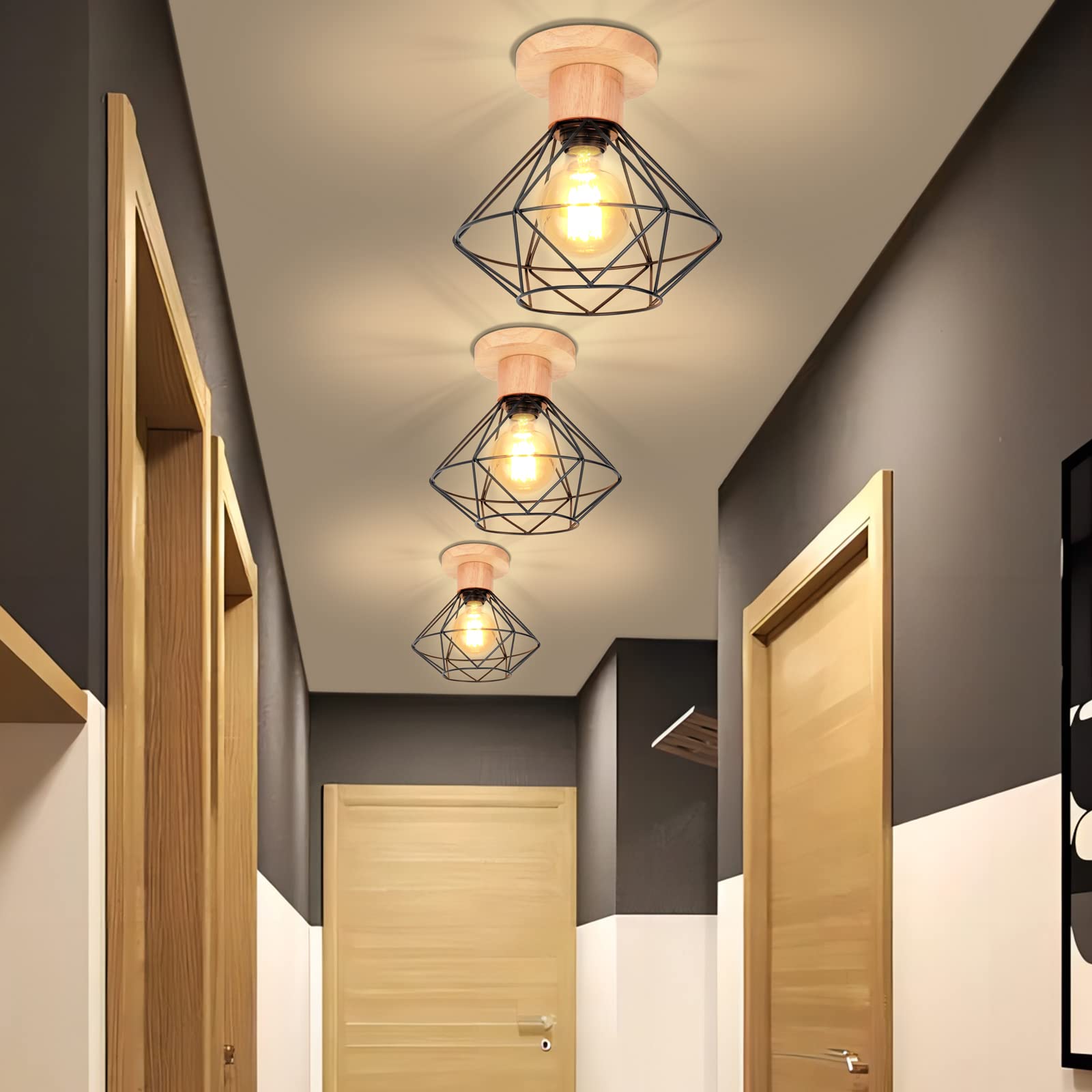 Lámparas de Techo Vintage 22CM Retro Lámpara Colgante Diseño de Jaula Negro Iluminación de Techo en Madera y Hierro E27 Luz Colgante de Interior para Pasillo Salón Cocina (Plafón, 2 Piezas)