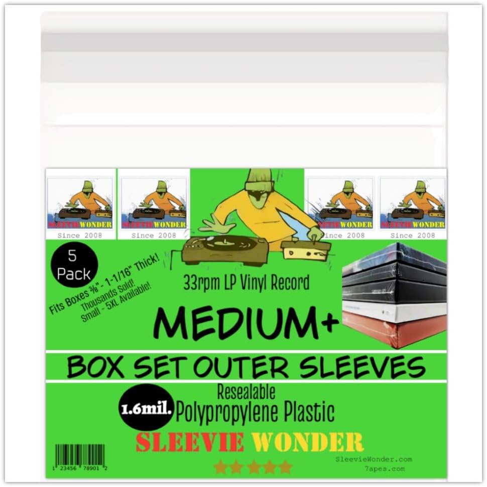 Medium+ Box Set Outer Plastic Sleeves (x5) 1.6mil Resealable Clear Polypropylene Poly Bag Covers for 33rpm LP Vinyl Record Album Boxset Best Protects 7/8"- 1-1/16" Boxes (+1 Free Dj Sticker)