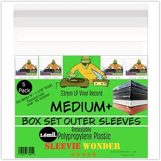 Medium+ Box Set Outer Plastic Sleeves (x5) 1.6mil Resealable Clear Polypropylene Poly Bag Covers for 33rpm LP Vinyl Record Album Boxset Best Protects 7/8"- 1-1/16" Boxes (+1 Free Dj Sticker)