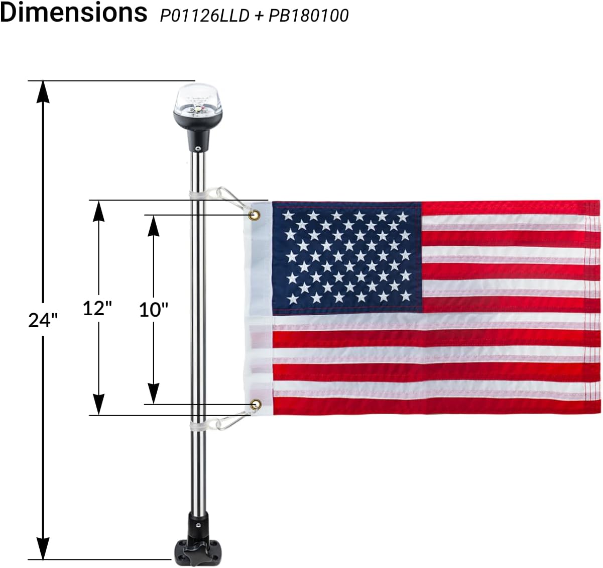 Pactrade Marine Navigation Lights for Boats LED - 24-Inch White LED Folding Stern Lights for Boats with American Flag 12x18 Inches (93 LM, 2 NM) | Boat Navigation Lights, American Flags for Boats