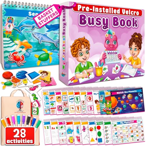 Curious 2 Learn Montessori Busy Book for Toddlers Ages 3–5 – Premium Thick Pages, Preassembled Learning Binder with 28 Activities, Travel Bag & 8 Markers – Durable Educational Montessori Toy