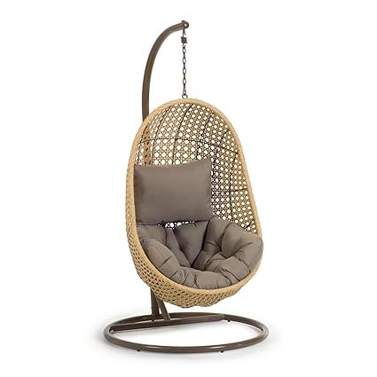 DEVOKO Outdoor Patio Wicker Hanging Egg Basket Swing Chair with Waterproof Cushion for Deck, Sunroom, Garden, Porch, Poolside (Beige & Grey)