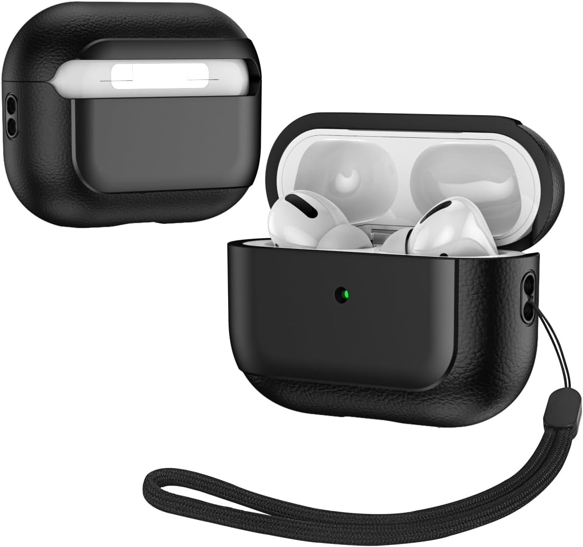 Compatible with Airpods Pro 2 Gen Case, [Front LED Visible] Premium Leather Shockproof Protective Cover with Lanyard for Men & Women - Black