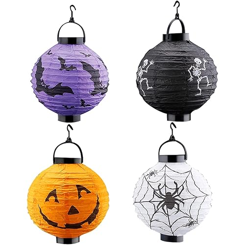 Kaliosy 4 Pack Halloween Decorations Paper Lanterns, Haunted House Hanging Lantern Skeleton Pumpkin Smiley Bat Spiders Pattern for Holiday House Parties Holiday Indoor and Outdoor Decoration 7.8 Inch