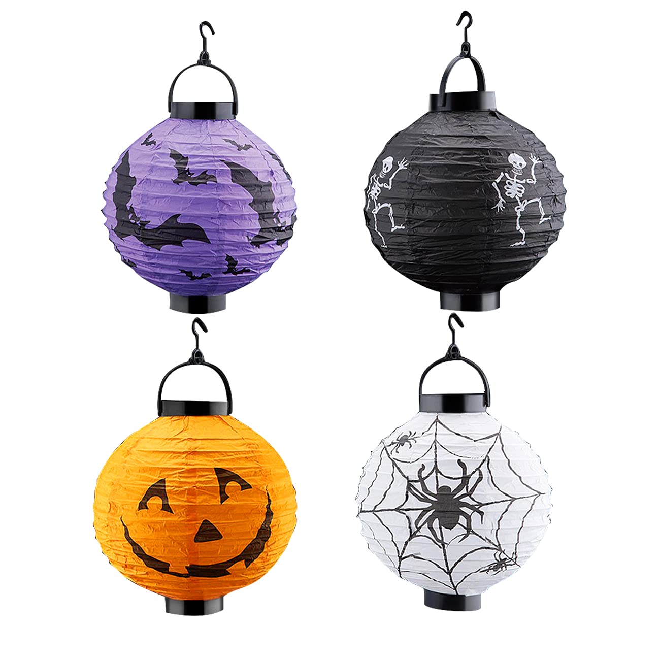 Kaliosy 4 Pack Halloween Decorations Paper Lanterns, Haunted House Hanging Lantern Skeleton Pumpkin Smiley Bat Spiders Pattern for Holiday House Parties Holiday Indoor and Outdoor Decoration 7.8 Inch