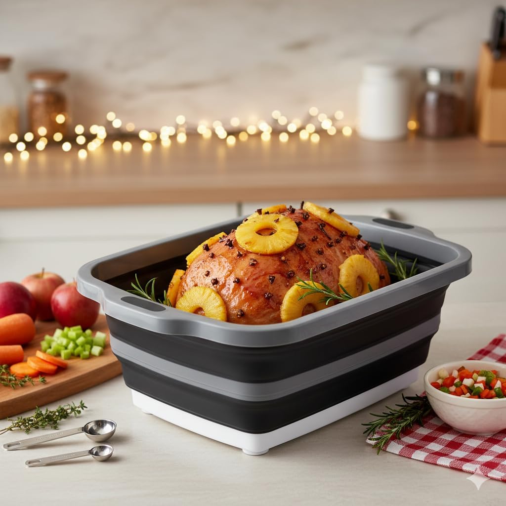 Collapsible Large (8L) BBQ Marinating Tub w/ Cutting Board | Multipurpose Food-Grade TPE Prep Tub w/ Lid | Built-In Colander & Drain Plug - For Camping | Tailgate | Picnic - Slate Black
