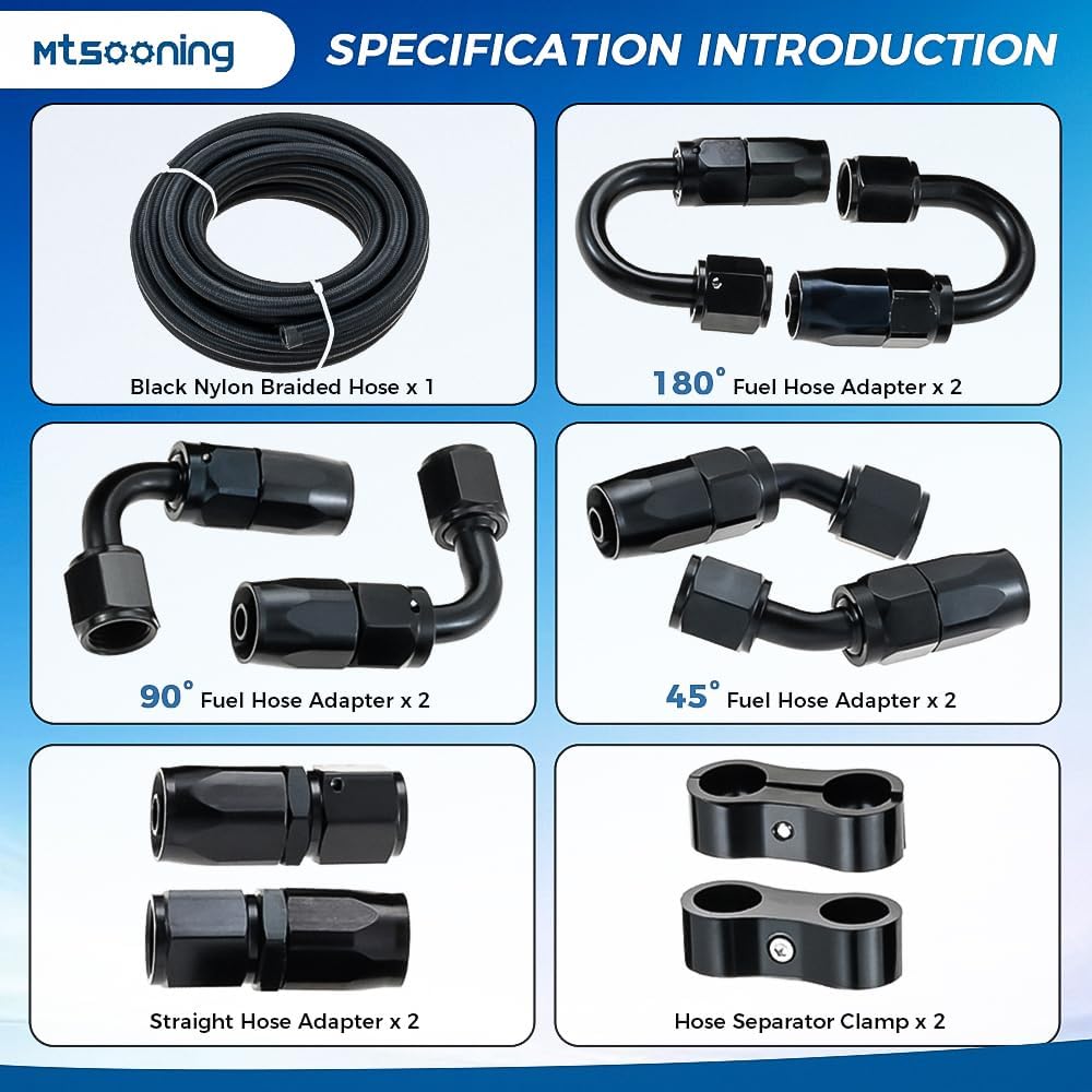 Mtsooning 3/8" 6AN 20FT Fuel Line Hose Kit, Nylon Stainless Steel Braided Fuel Line with Oil/Gas/Fuel Hose End Fitting, 2PCS Hose Separator Clamp & 8PCS Swivel Adapter