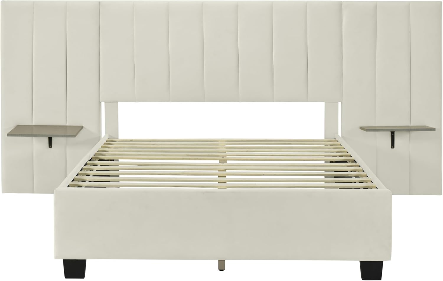 Luxurious Full Bed Frame, Platform Bed with Oversized Upholstered Headboard and 2 Storage Shelves, No Box Spring Required, Comfortable Bedroom Furniture.Beige