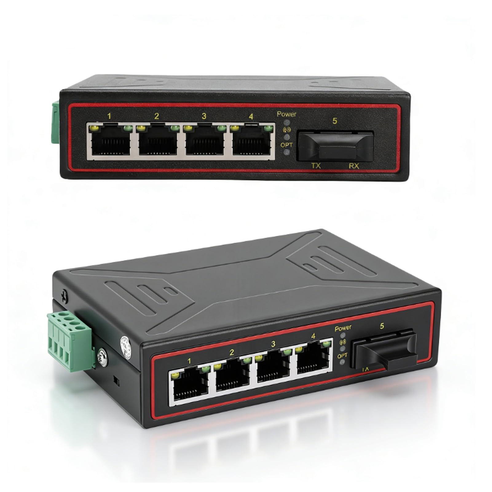 LICAEVEY 4-portowy Konwerter Mediów światłowodowych na Ethernet, 1 Gniazdo Optyczne SFP, Przełącznik Przemysłowy 10 100M RJ45, montaż na Szynie DIN Typu Plug and Play do Rozbudowy sieci.
