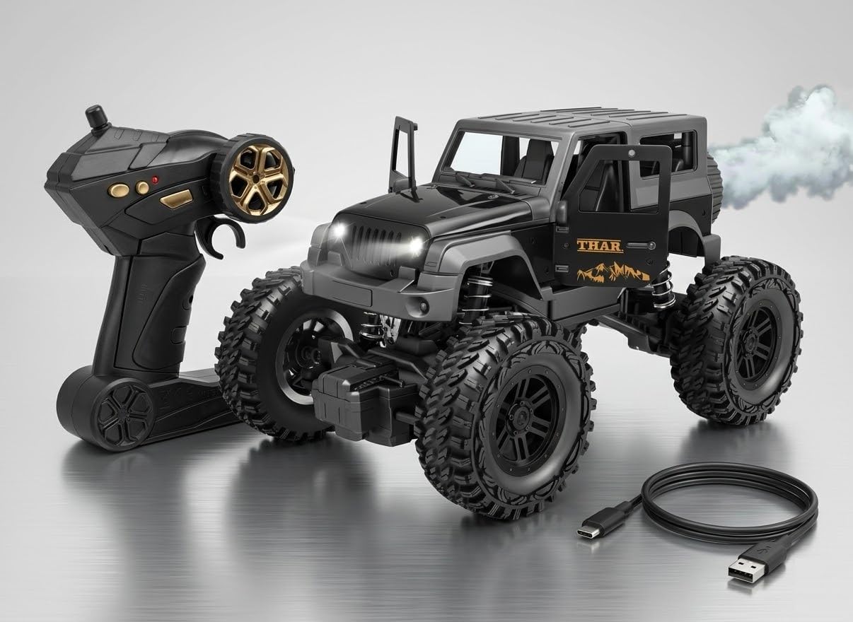Thar with Remote Control Rock Crawler High Speed with Mist Spray LED Lights Rc Car Toys for Boys Off Road Monster Truck Rock Climbing Car Shock Absorbers, 2WD, Mobile Connect, USB-C Port & 75ft Range-image-11