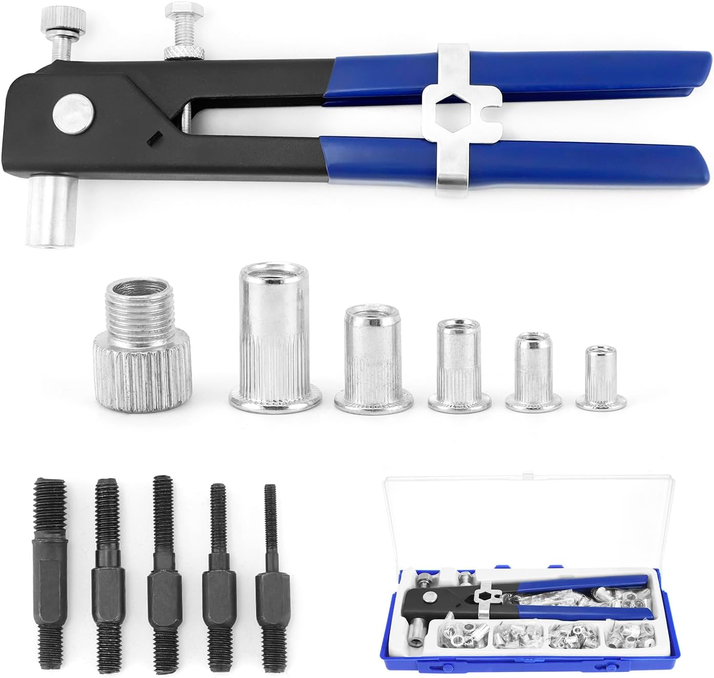 QWORK Rivet Nut Tool Kit, 110pcs Blind Rivet Nut Hand Riveter, M6/ M3/M4/M5/M8 Wrench Threaded Insert Rivnut Nutsert