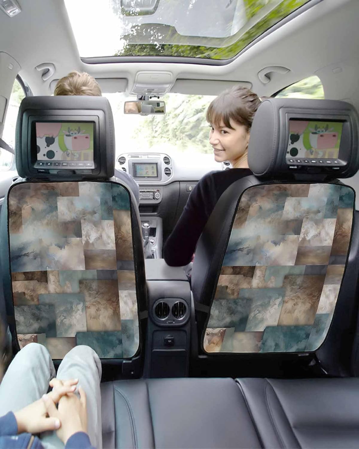 Car Seat Protector, 2 Pack Kick Mats Back Seat Protector Marble Teal Brown Abstract Geometric Lines Waterproof Backseat Cover for Kids Universal Fit Automotive Interior Protectors