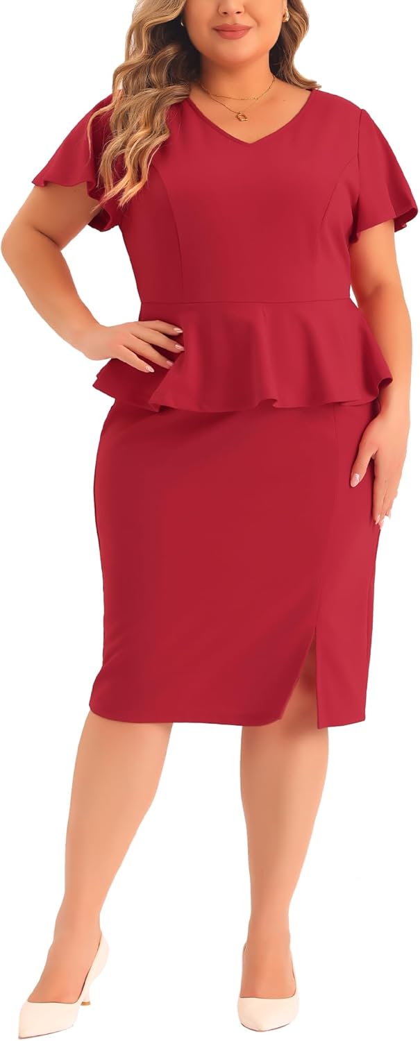 Agnes Orinda Plus Size Work Dress for Women V Neck Short Sleeve Ruffle Church Business Peplum Pencil Dresses