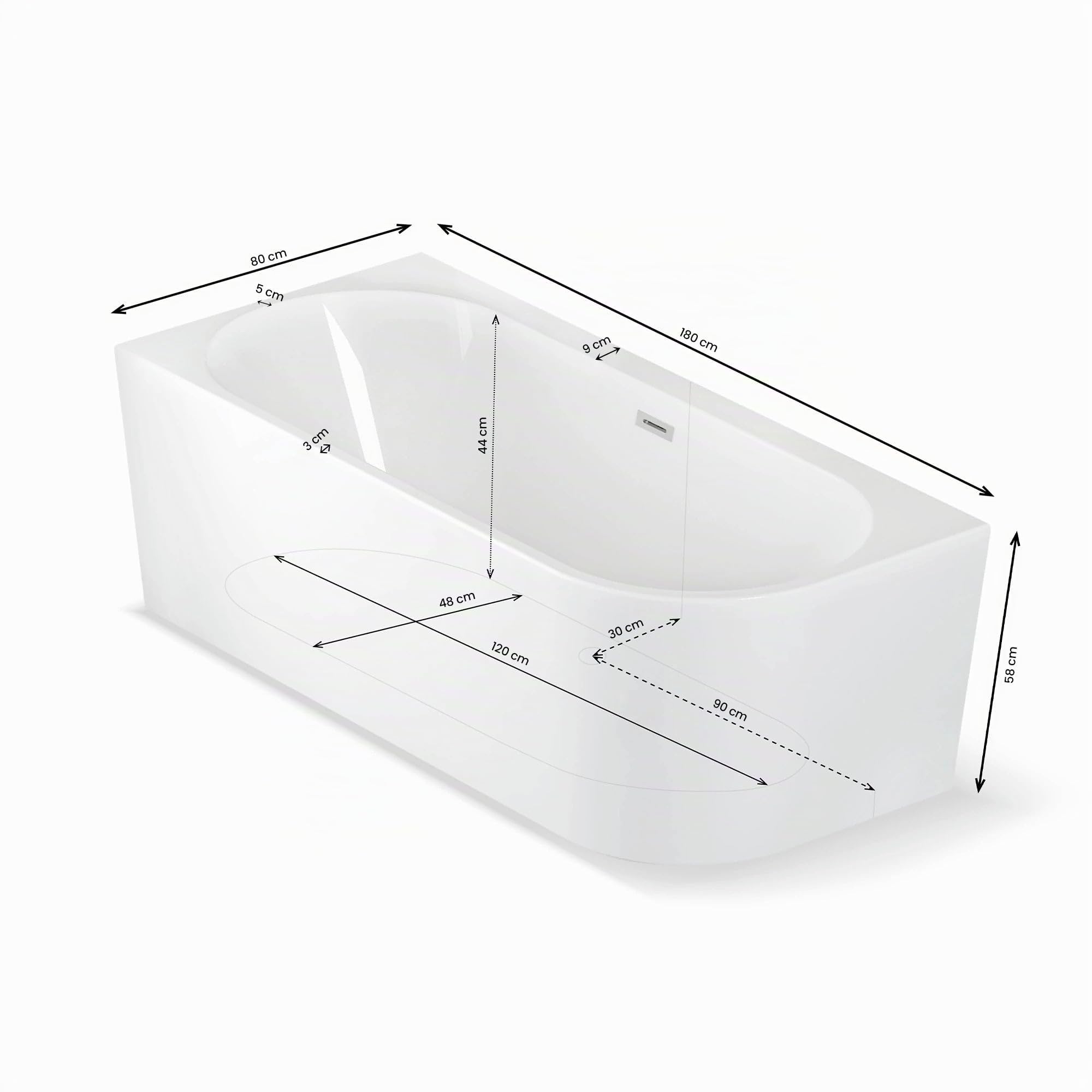 Baignoire Semi-îlot Murale D'angle Capri 180 Gauche Blanche 180 X81 X58 Cm, By Spalina