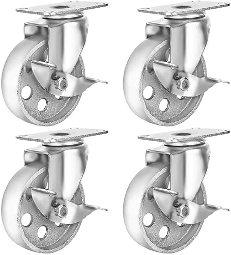 4 ruedas giratorias con placa giratoria de acero, con traba de freno, resistentes, con una capacidad total de 1500 libras, color gris.