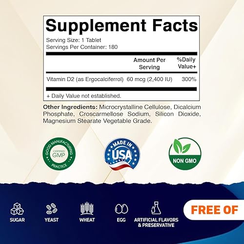 Miniatura 2 de Vitamatic Vitamina D2 60 mcg (2400 UI) - Ergocalciferol - 180 Tabletas Vegetarianas (180 Tabletas (Paquete de 1)) (2 Botellas)