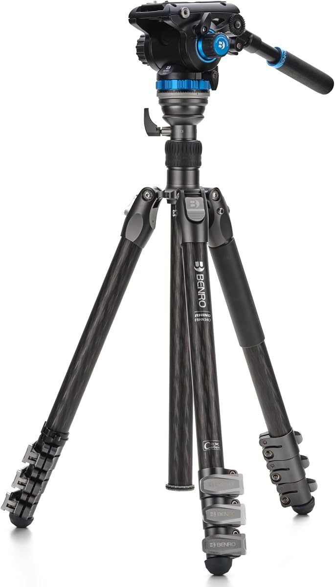 Kit de trípode de fibra de carbono Benro Rhino CF Three Series de 4 secciones con cabezal de video fluido S6PRO: patas con bloqueo, conversión de monopié, altura máxima de 70.8 ″, capacidad de carga de 13.2 lb (FRHN34CFS6PRO)