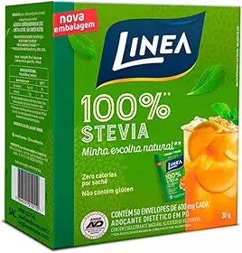 Linea Adoçante Dietético 100% Stevia em Pó, Zero Calorias, Sem Glúten, 50 Sachês de 500 mg, 25 g
