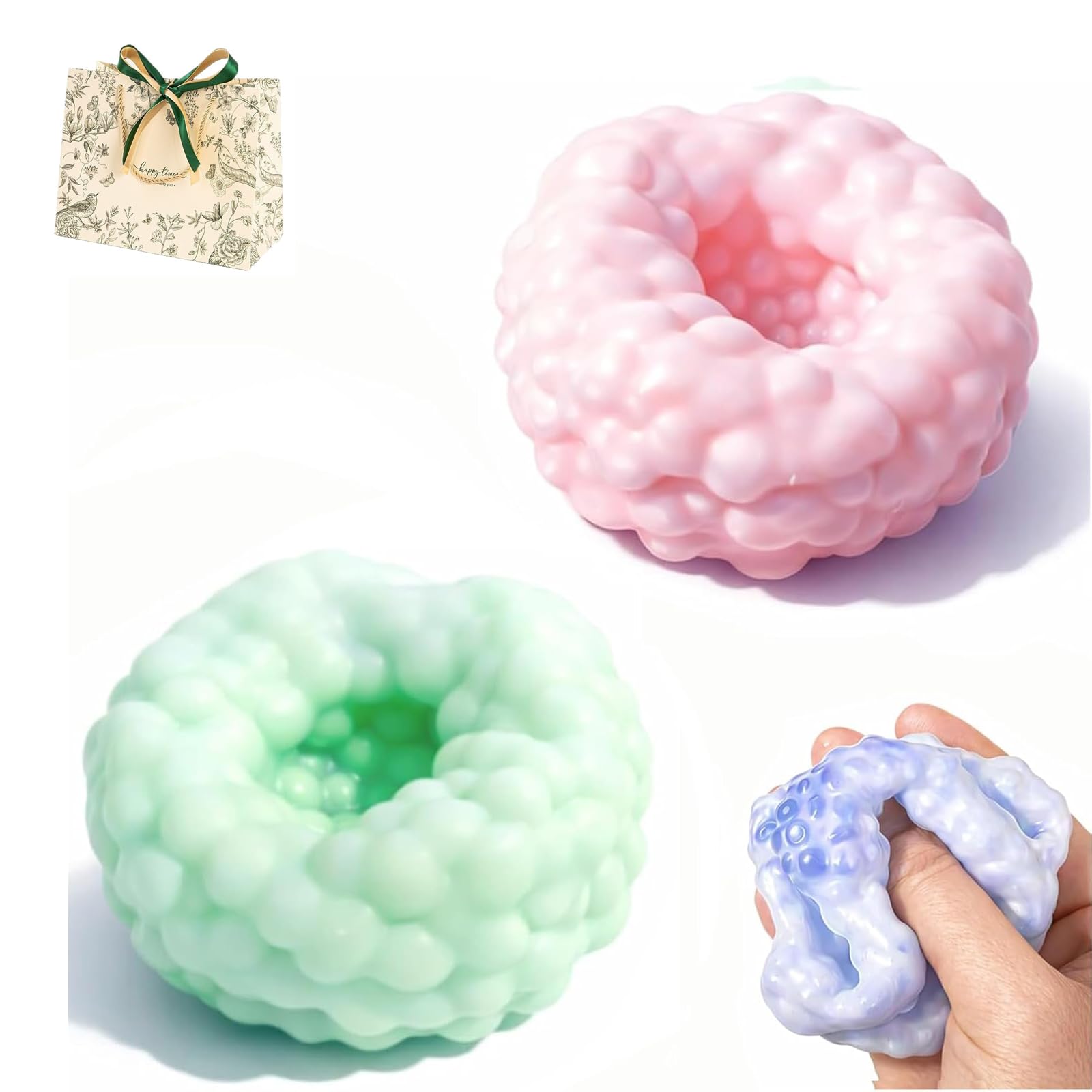 2PCS Crunchy Stress Ball, Handmade Crunchy Stress Balls, Squishy Noisy Balls Ice Skin Fidget Sensory, for Adults, Silent Desk Toy Focus (Pink+Green)