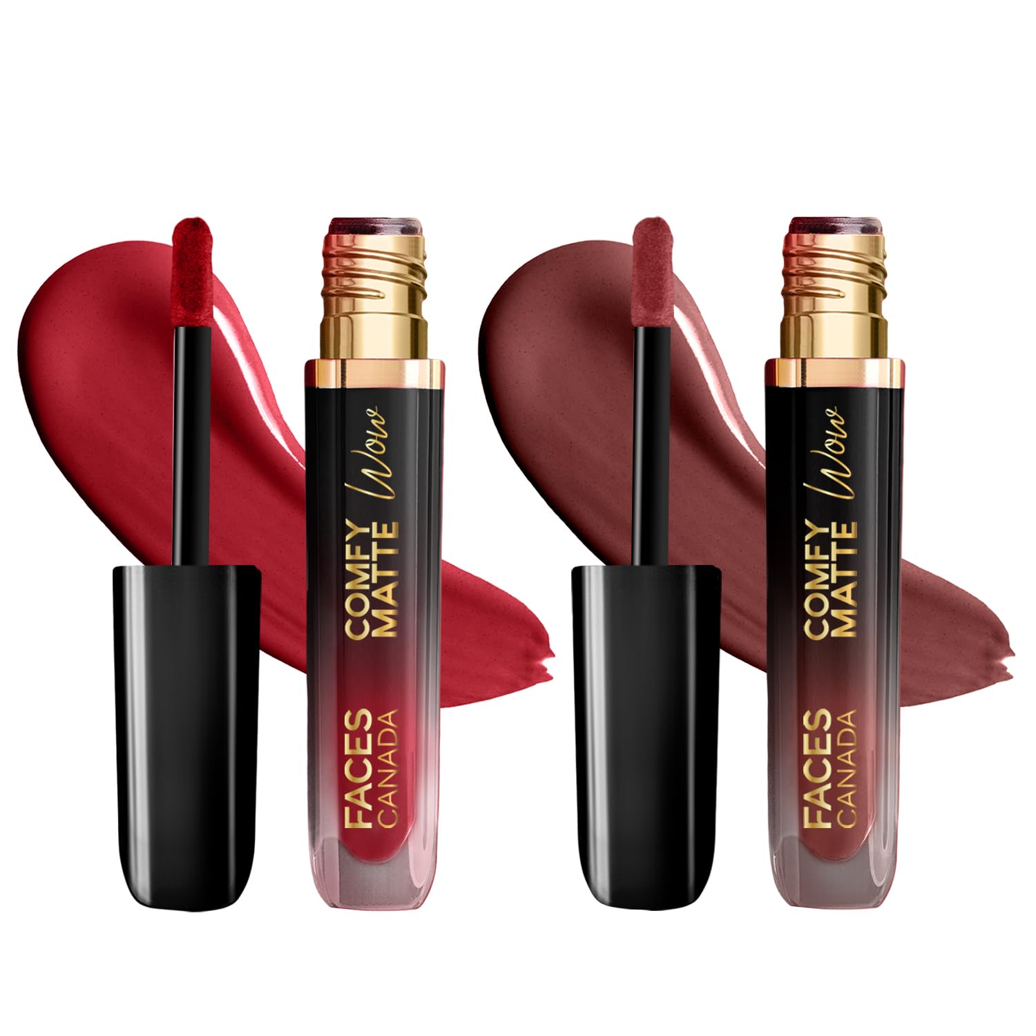 FACES CANADA Comfy Matte Wow Liquid Lipstick - The Bold Edit, (3.8ml x 2) | Cocoa Crush 07 + Maroon Maven 05 | Long Lasting | Matte Finish | Lipstick Combo | Pack of 2