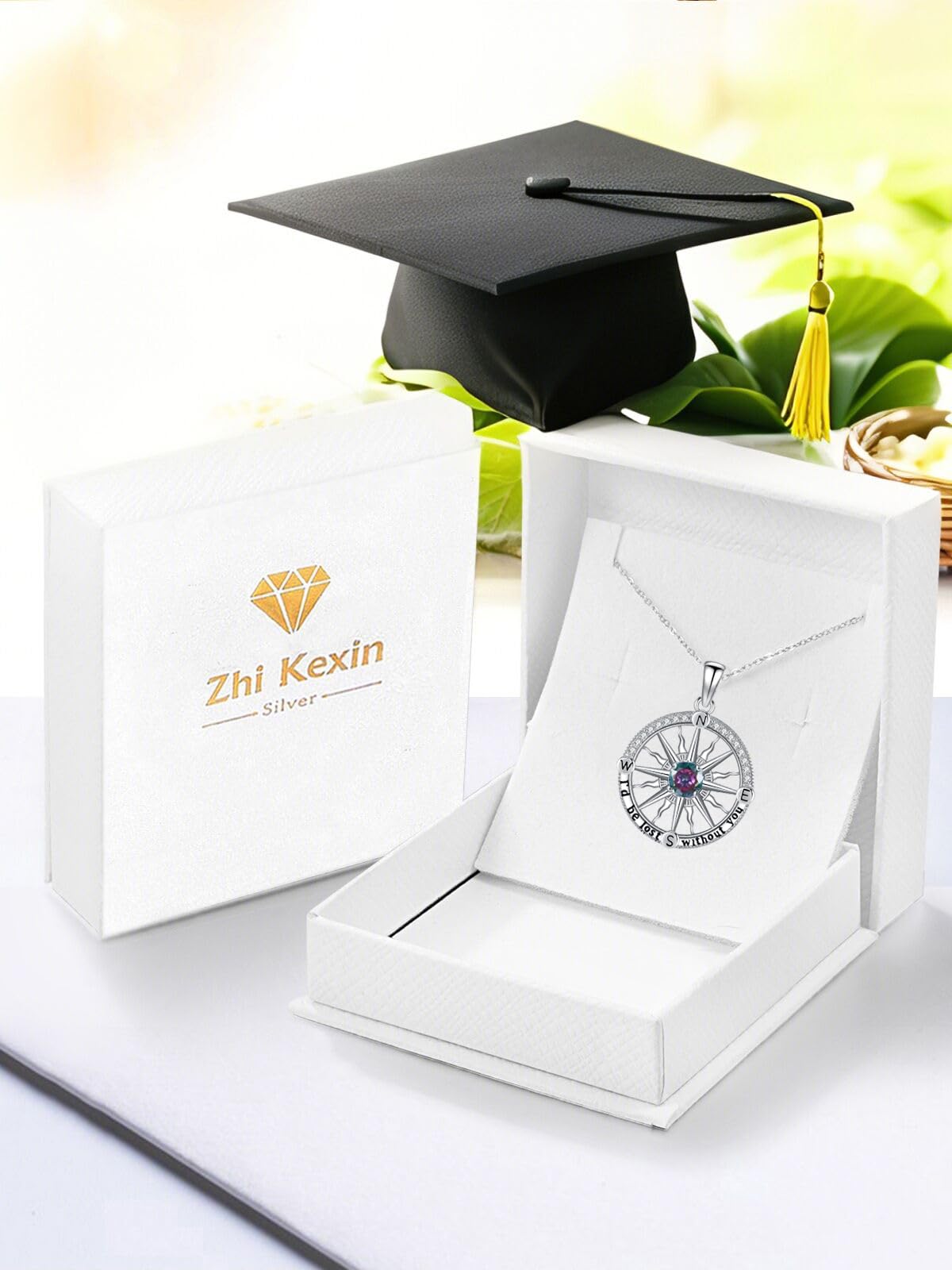 Collana da donna con pietra portafortuna a forma di bussola, in argento Sterling 925, regalo di laurea, classe del 2026, scuola superiore universitaria, con scritta "I'd be Lost without You